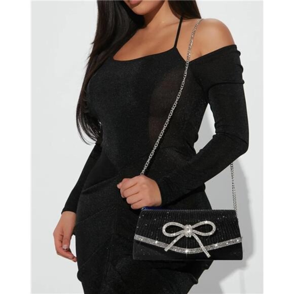 Bow Evening Bag Sparkly Clutch Purses for Women Wedding Glitter Rhinestone black - Picture 2 of 8